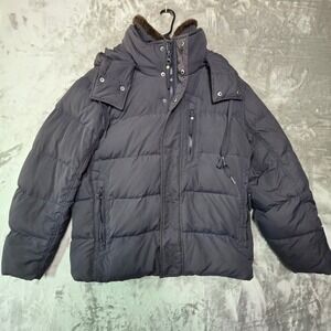 Marc New York Andrew Marc Mens Navy Blue Down Puffer Jacket Faux Fur Hood L